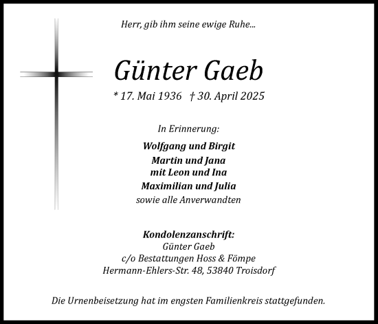 Anzeige von Günter Gaeb von Kölner Stadt-Anzeiger / Kölnische Rundschau / Express