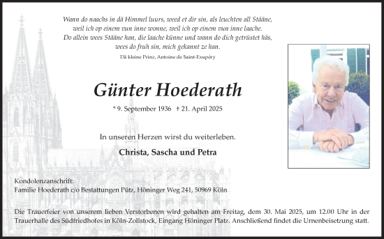Anzeige von Günter Hoederath von Kölner Stadt-Anzeiger / Kölnische Rundschau / Express