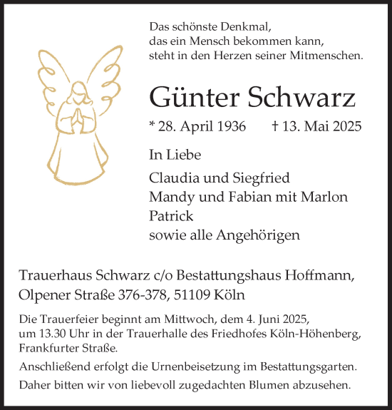 Anzeige von Günter Schwarz von Kölner Stadt-Anzeiger / Kölnische Rundschau / Express