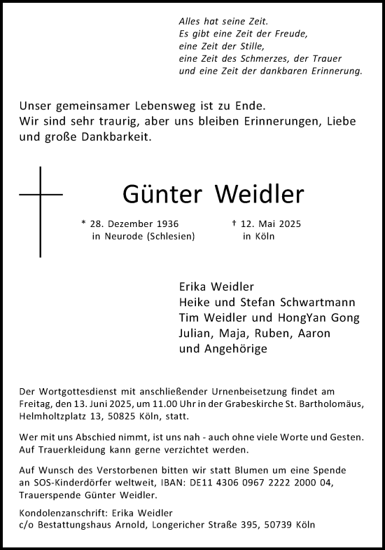 Anzeige von Günter Weidler von Kölner Stadt-Anzeiger / Kölnische Rundschau / Express
