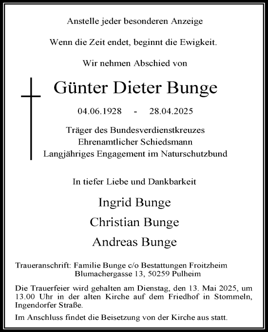 Anzeige von Günter Dieter Bunge von Kölner Stadt-Anzeiger / Kölnische Rundschau / Express