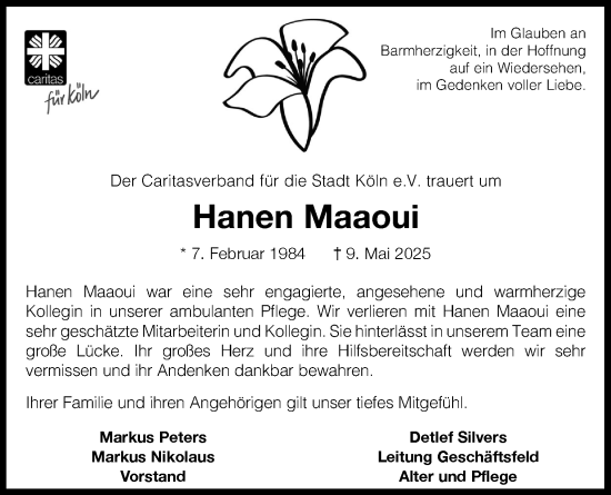 Anzeige von Hanen Maaoui von Kölner Stadt-Anzeiger / Kölnische Rundschau / Express