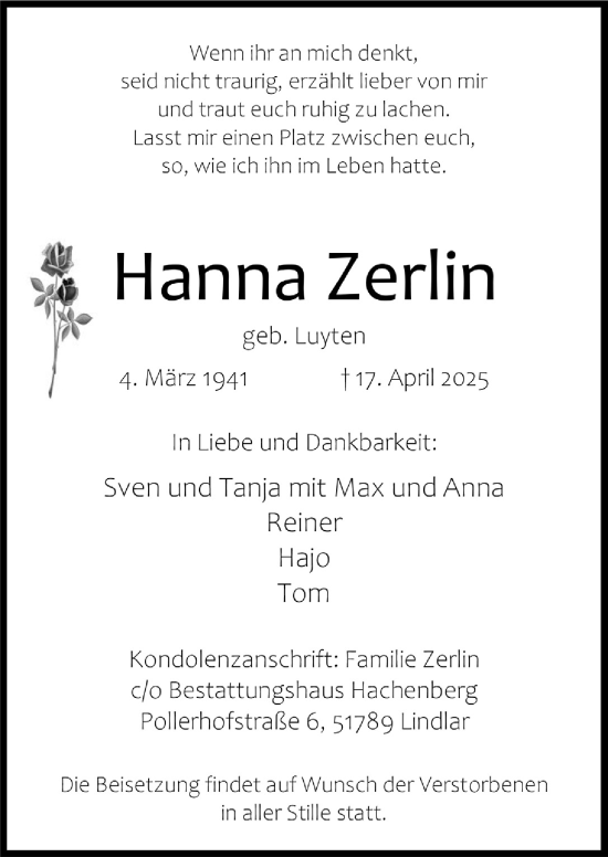 Anzeige von Hanna Zerlin von  Anzeigen Echo 