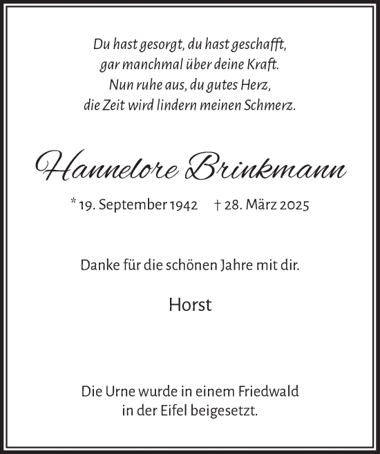 Anzeige von Hannelore Brinkmann von  Wochenende 