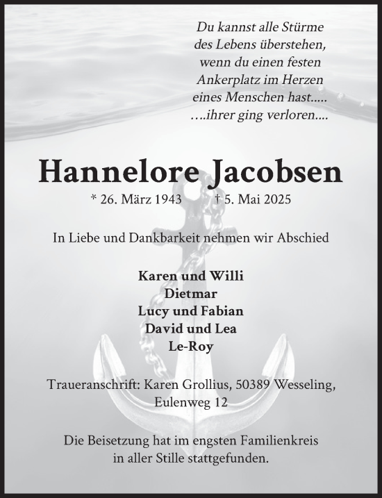 Anzeige von Hannelore Jacobsen von  Schlossbote/Werbekurier 