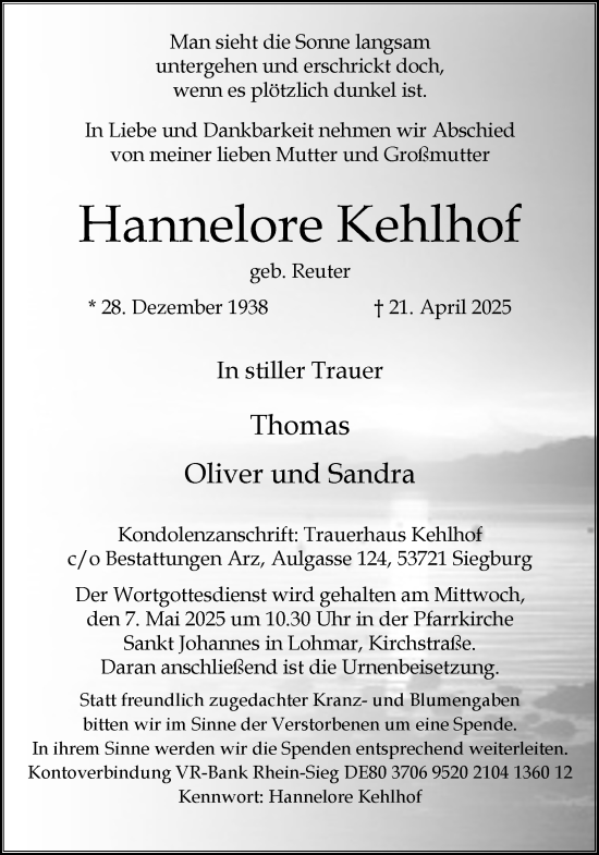 Anzeige von Hannelore Kehlhof von Kölner Stadt-Anzeiger / Kölnische Rundschau / Express