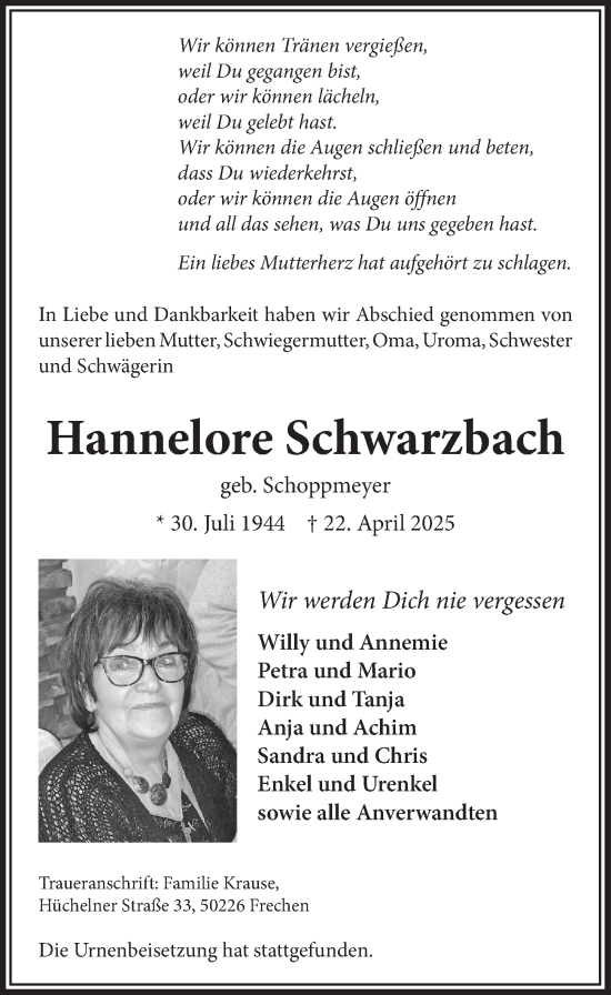 Anzeige von Hannelore Schwarzbach von  Wochenende 