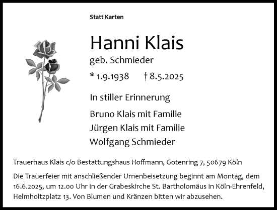 Anzeige von Hanni Klais von Kölner Stadt-Anzeiger / Kölnische Rundschau / Express