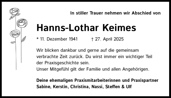 Anzeige von Hanns-Lothar Keimes von Kölner Stadt-Anzeiger / Kölnische Rundschau / Express