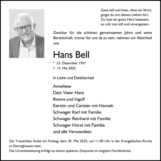 Anzeige von Hans Bell von  Anzeigen Echo 