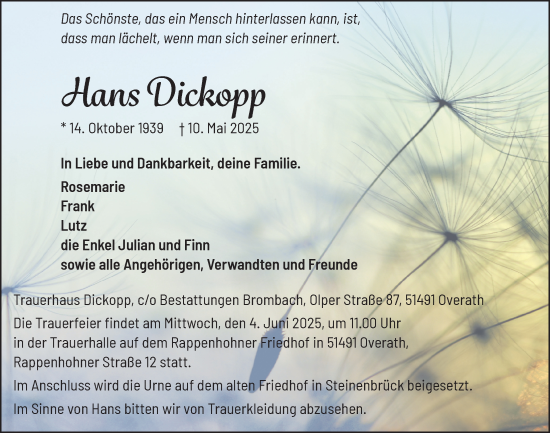 Anzeige von Hans Dickopp von  Bergisches Handelsblatt 