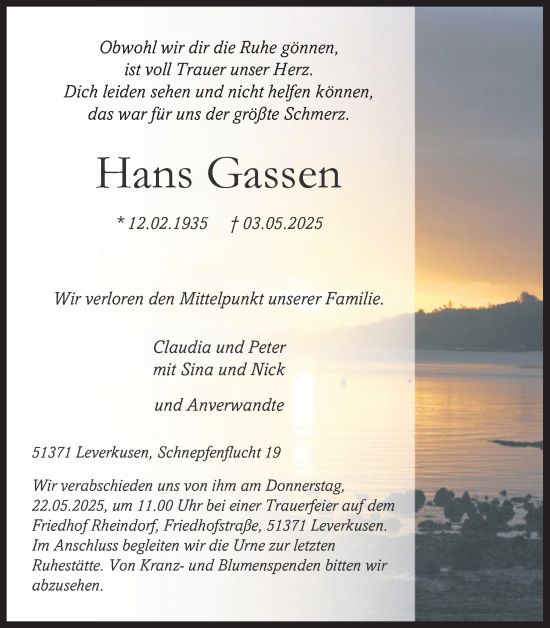 Anzeige von Hans Gassen von Kölner Stadt-Anzeiger / Kölnische Rundschau / Express