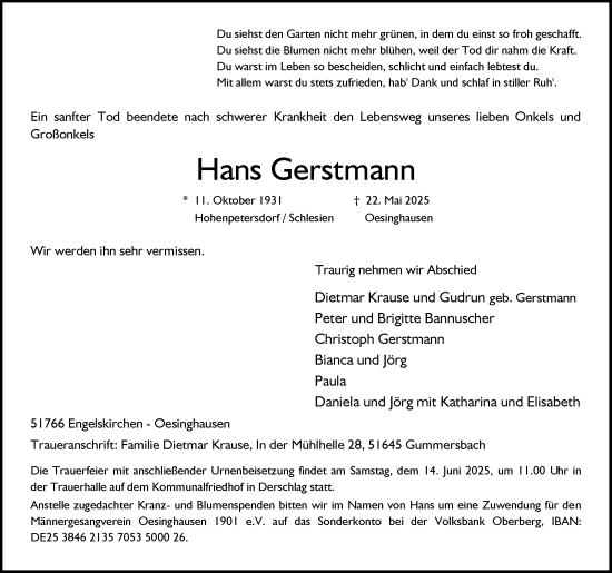 Anzeige von Hans Gerstmann von Kölner Stadt-Anzeiger / Kölnische Rundschau / Express