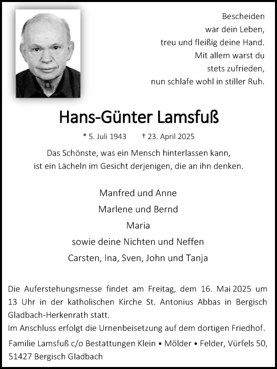 Anzeige von Hans-Günter Lamsfuß von Kölner Stadt-Anzeiger / Kölnische Rundschau / Express