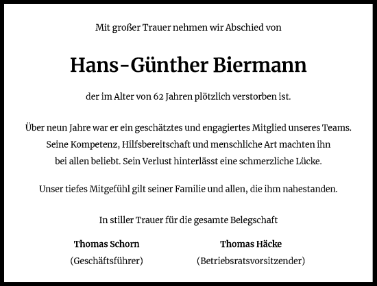 Anzeige von Hans-Günther Biermann von Kölner Stadt-Anzeiger / Kölnische Rundschau / Express