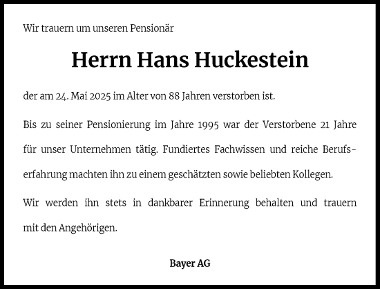 Anzeige von Hans Huckestein von Kölner Stadt-Anzeiger / Kölnische Rundschau / Express
