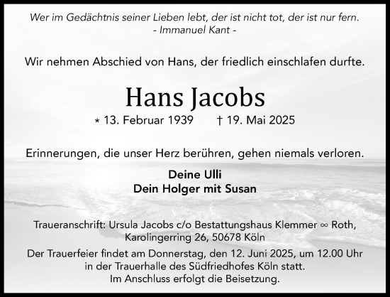 Anzeige von Hans Jacobs von Kölner Stadt-Anzeiger / Kölnische Rundschau / Express