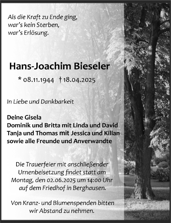 Anzeige von Hans-Joachim Bieseler von  Anzeigen Echo 