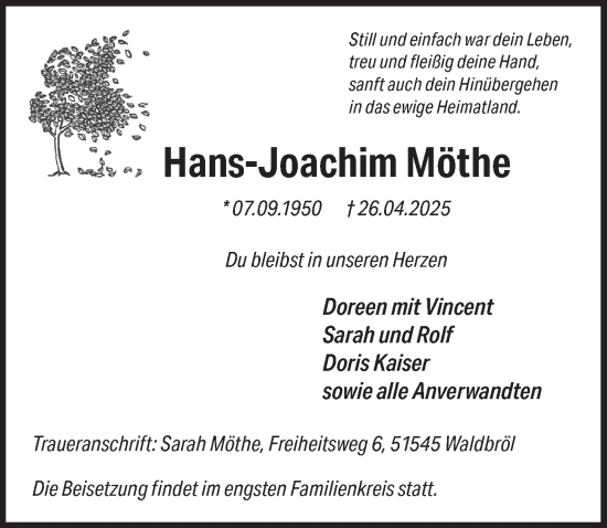 Anzeige von Hans-Joachim Möthe von  Lokalanzeiger 