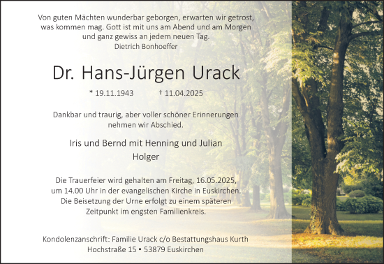 Anzeige von Hans-Jürgen Urack von Kölner Stadt-Anzeiger / Kölnische Rundschau / Express