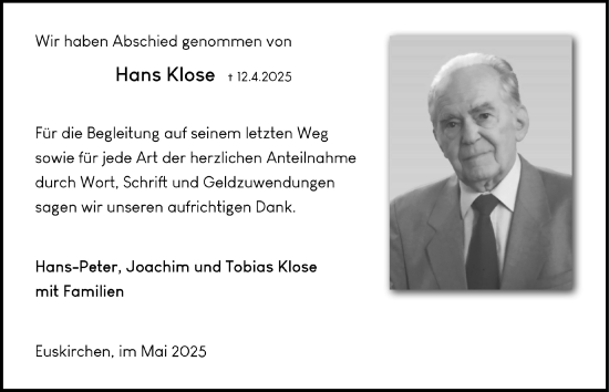 Anzeige von Hans Klose von  Blickpunkt Euskirchen 