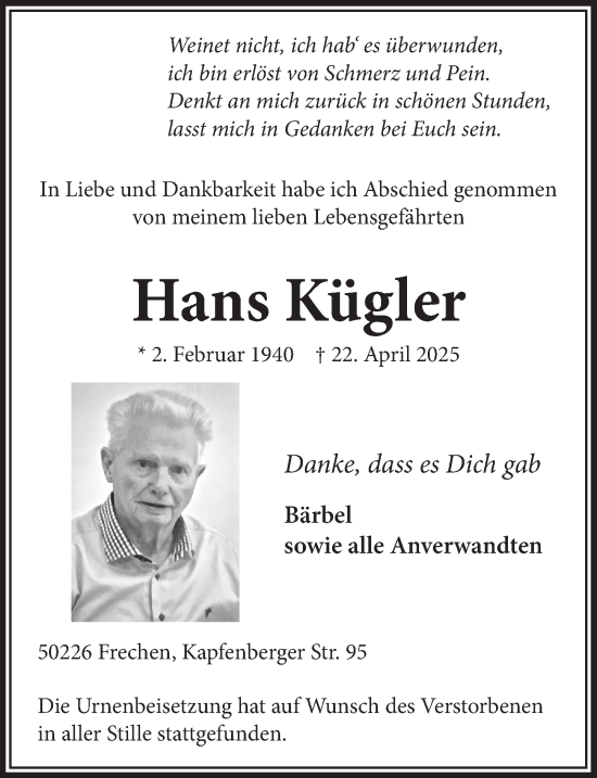 Anzeige von Hans Kügler von  Wochenende 