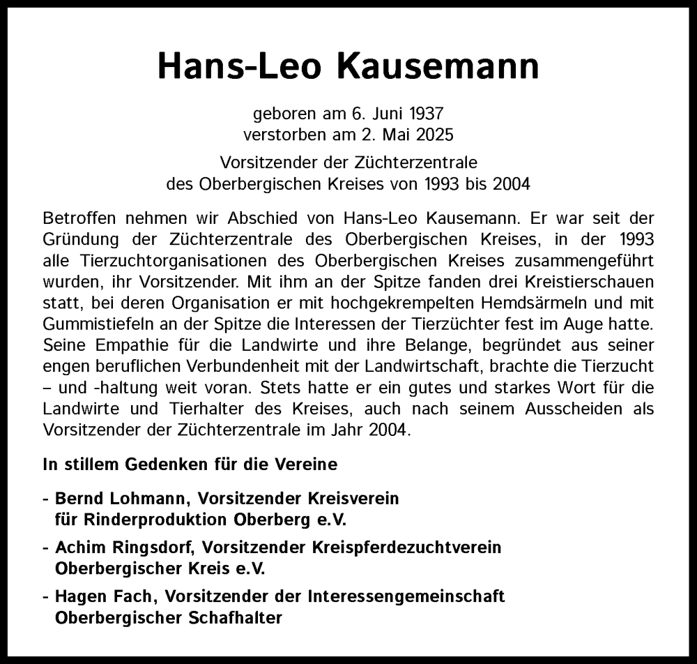  Traueranzeige für Hans-Leo Kausemann vom 08.05.2025 aus Kölner Stadt-Anzeiger / Kölnische Rundschau / Express