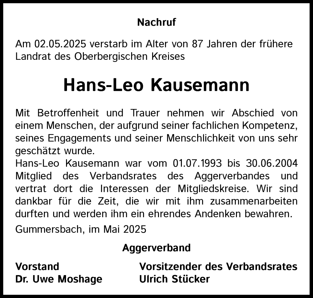  Traueranzeige für Hans-Leo Kausemann vom 08.05.2025 aus Kölner Stadt-Anzeiger / Kölnische Rundschau / Express