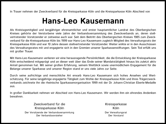 Anzeige von Hans-Leo Kausemann von Kölner Stadt-Anzeiger / Kölnische Rundschau / Express