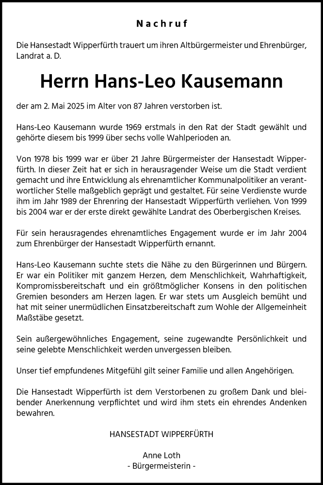  Traueranzeige für Hans-Leo Kausemann vom 08.05.2025 aus Kölner Stadt-Anzeiger / Kölnische Rundschau / Express