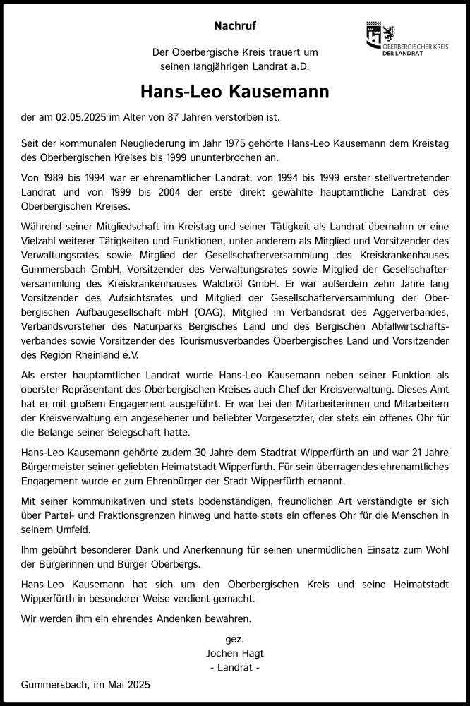  Traueranzeige für Hans-Leo Kausemann vom 08.05.2025 aus Kölner Stadt-Anzeiger / Kölnische Rundschau / Express