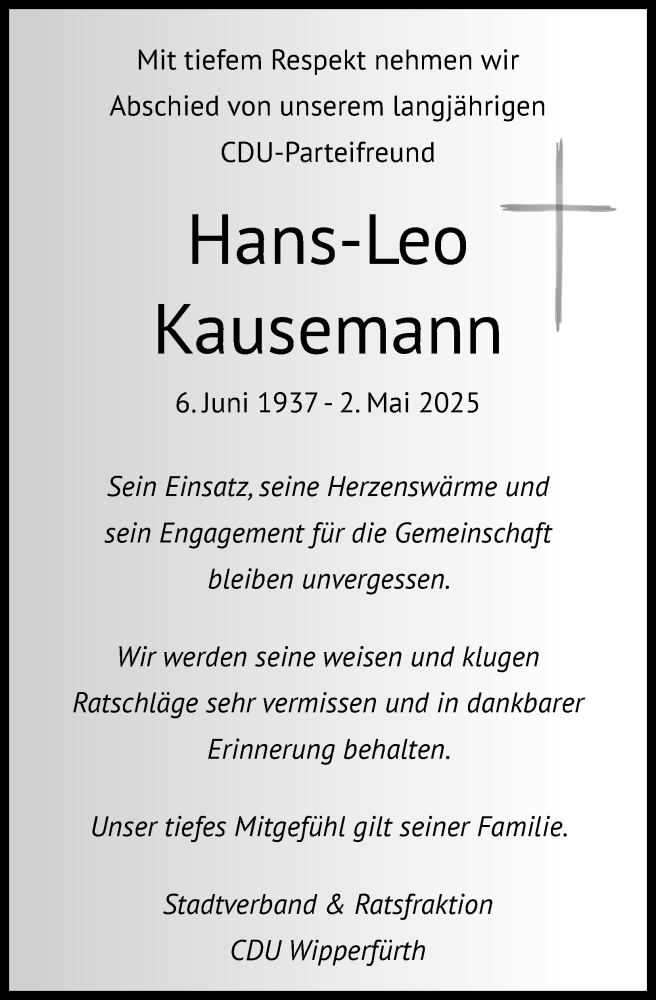  Traueranzeige für Hans-Leo Kausemann vom 14.05.2025 aus Kölner Stadt-Anzeiger / Kölnische Rundschau / Express
