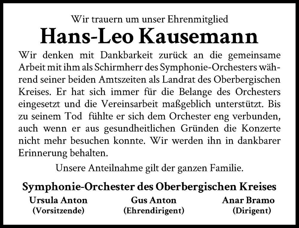  Traueranzeige für Hans-Leo Kausemann vom 08.05.2025 aus Kölner Stadt-Anzeiger / Kölnische Rundschau / Express