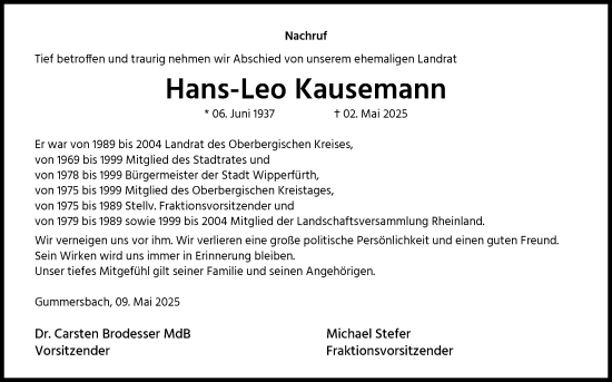 Anzeige von Hans-Leo Kausemann von Kölner Stadt-Anzeiger / Kölnische Rundschau / Express