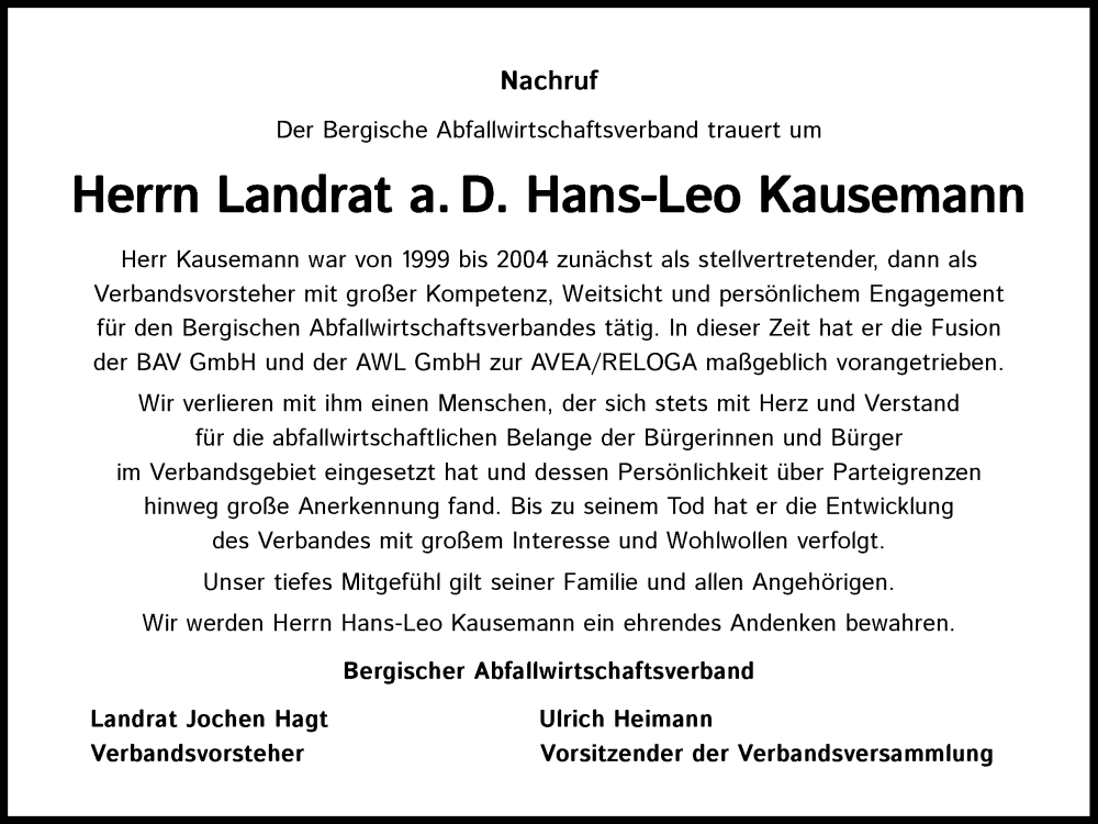  Traueranzeige für Hans-Leo Kausemann vom 08.05.2025 aus Kölner Stadt-Anzeiger / Kölnische Rundschau / Express