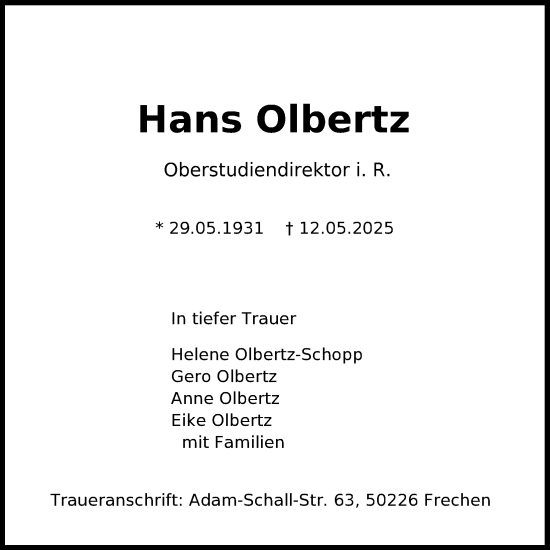 Anzeige von Hans Olbertz von Kölner Stadt-Anzeiger / Kölnische Rundschau / Express