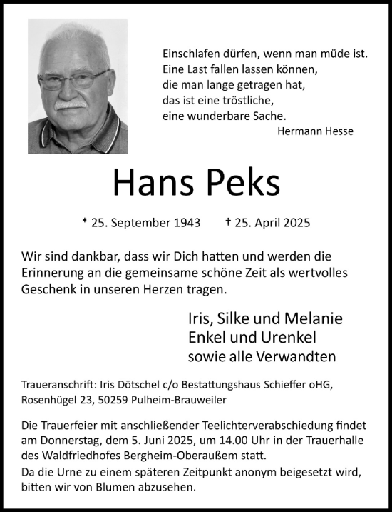 Anzeige von Hans Peks von  Werbepost 