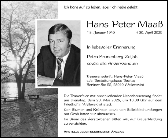 Anzeige von Hans-Peter Maaß von  Blickpunkt Euskirchen 