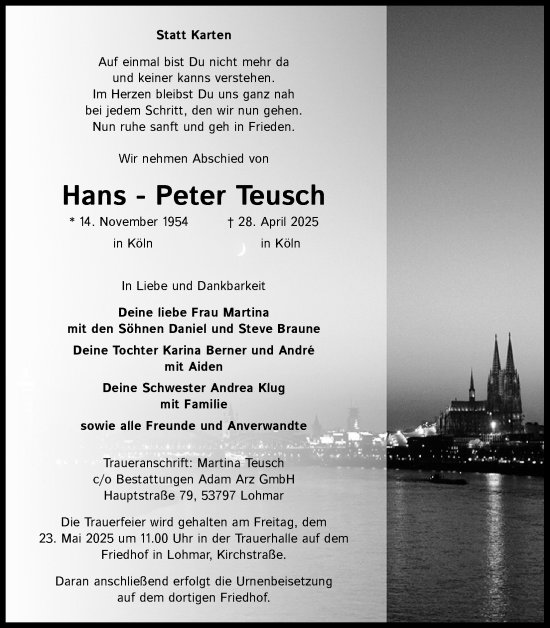 Anzeige von Hans-Peter Teusch von Kölner Stadt-Anzeiger / Kölnische Rundschau / Express