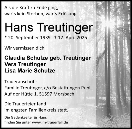 Anzeige von Hans Treutinger von  Lokalanzeiger 