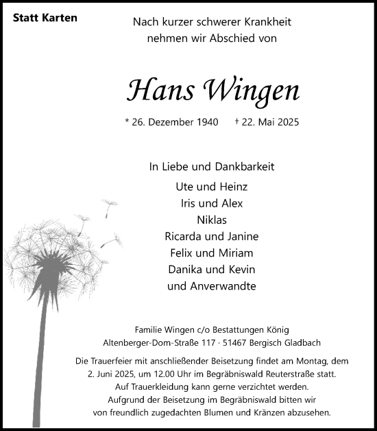 Anzeige von Hans Wingen von Kölner Stadt-Anzeiger / Kölnische Rundschau / Express