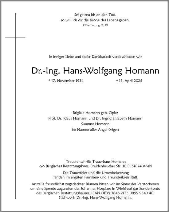 Anzeige von Hans-Wolfgang Homann von Kölner Stadt-Anzeiger / Kölnische Rundschau / Express