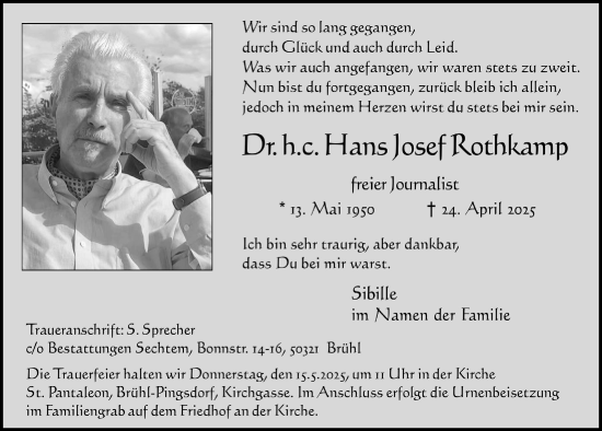 Anzeige von Hans Josef Rothkamp von  Schlossbote/Werbekurier 