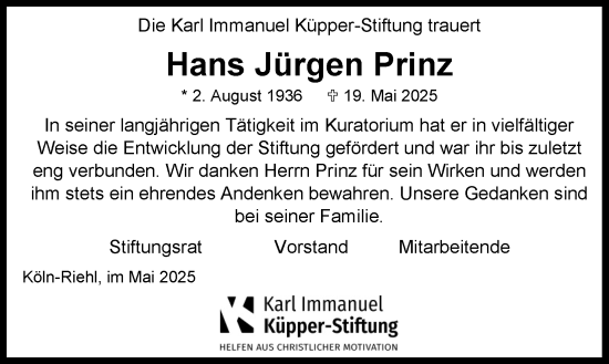 Anzeige von Hans Jürgen Prinz von Kölner Stadt-Anzeiger / Kölnische Rundschau / Express