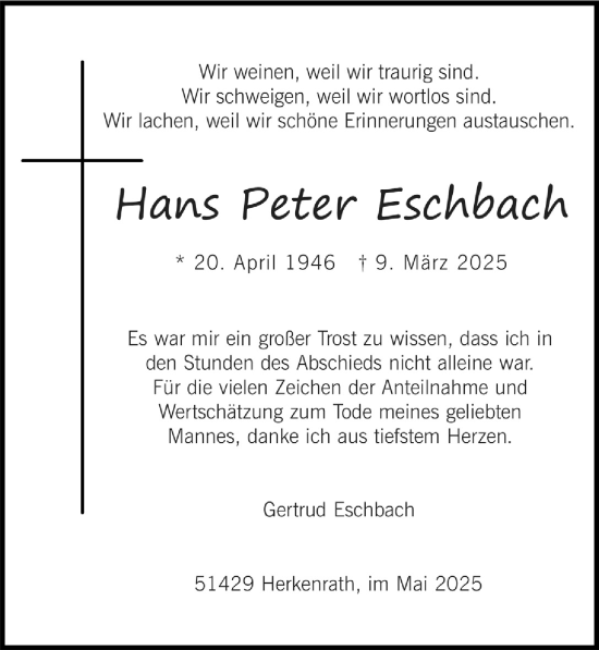Anzeige von Hans Peter Eschbach von  Bergisches Handelsblatt 