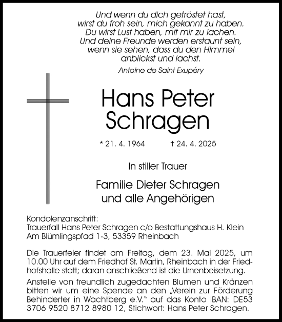 Anzeige von Hans Peter Schragen von Kölner Stadt-Anzeiger / Kölnische Rundschau / Express