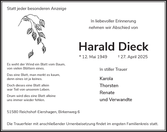 Anzeige von Harald Dieck von  Lokalanzeiger 