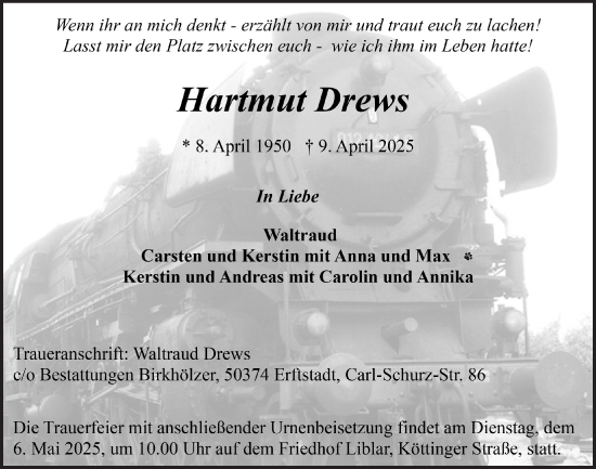 Anzeige von Hartmut Drews von  Werbepost 
