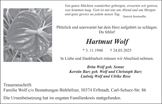 Anzeige von Hartmut Wolf von  Werbepost 