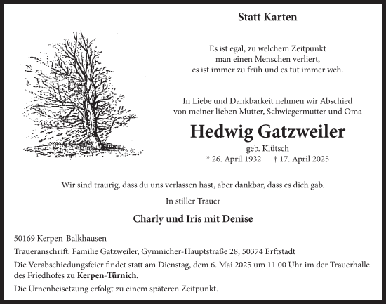 Anzeige von Hedwig Gatzweiler von  Werbepost 